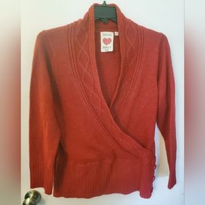 Red Faux Wrap Sweater with Button detail